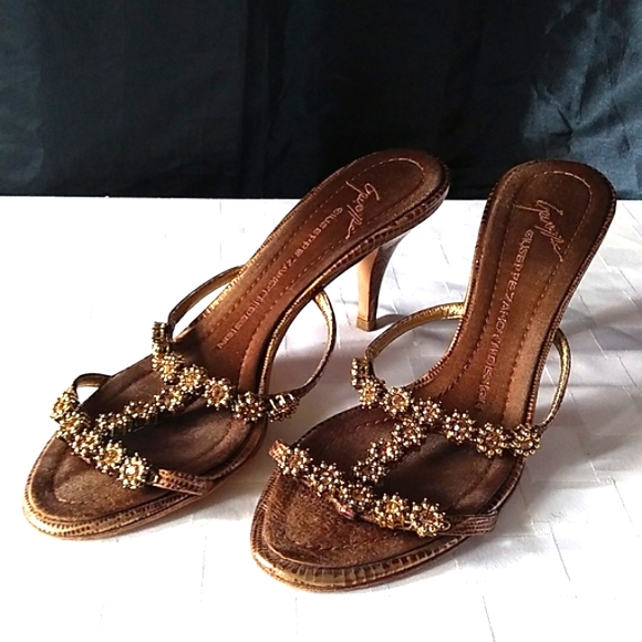 RARE Giuseppe Zanotti Topaz Jeweled Metallic Leather Kitten Heel Sandals VINTAGE - Picture 16 of 16